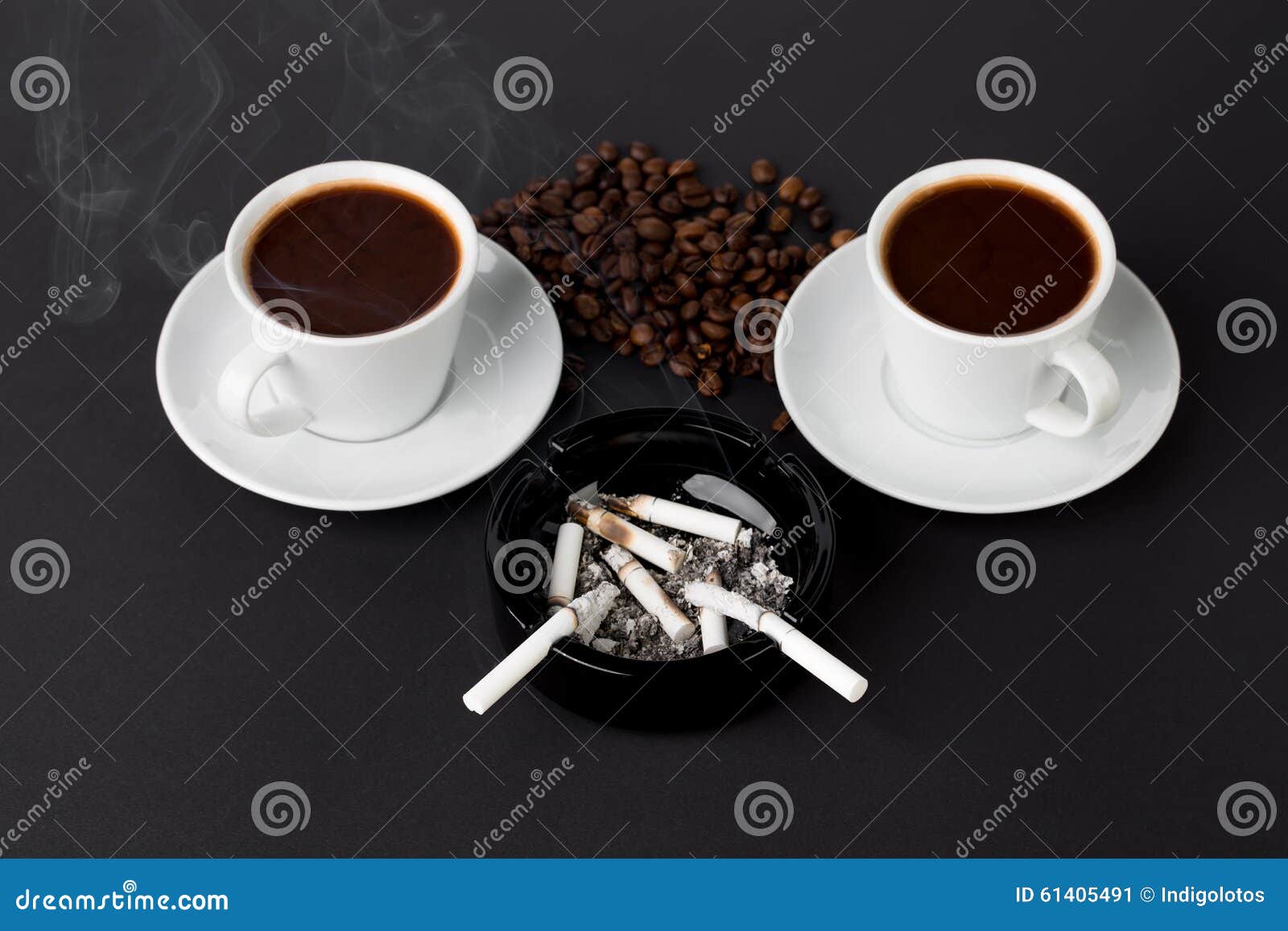 White Cups of Coffee with Ashtray and Beans Stock Image Image of tobacco, closeup 61405491