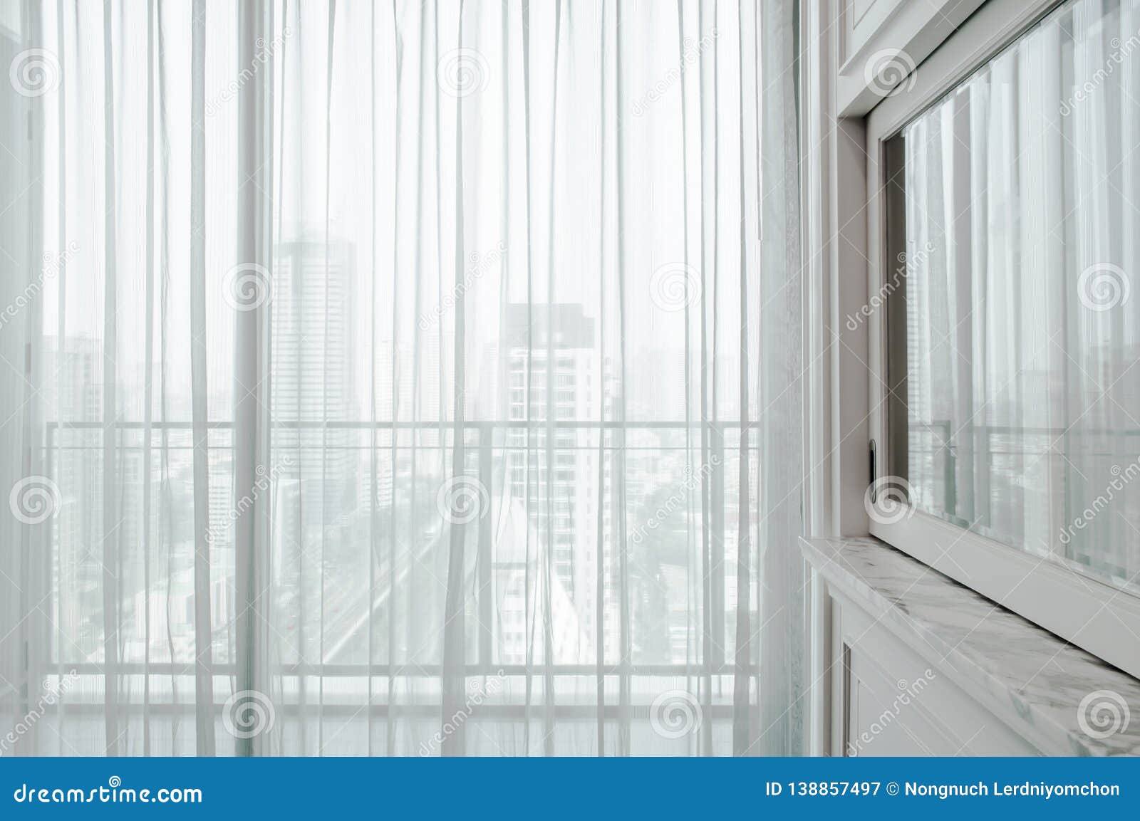 White Curtain Sunlight through the Windows in the City. Design Linen ...