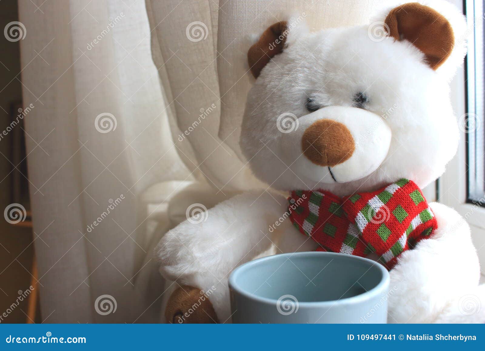 White Cute Teddy Bear with Cup Sitting on Window with Curtains ...