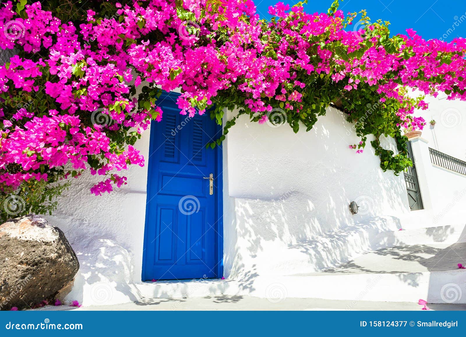 White Architecture and Pink Flowers on Santorini Island, Greece Stock ...