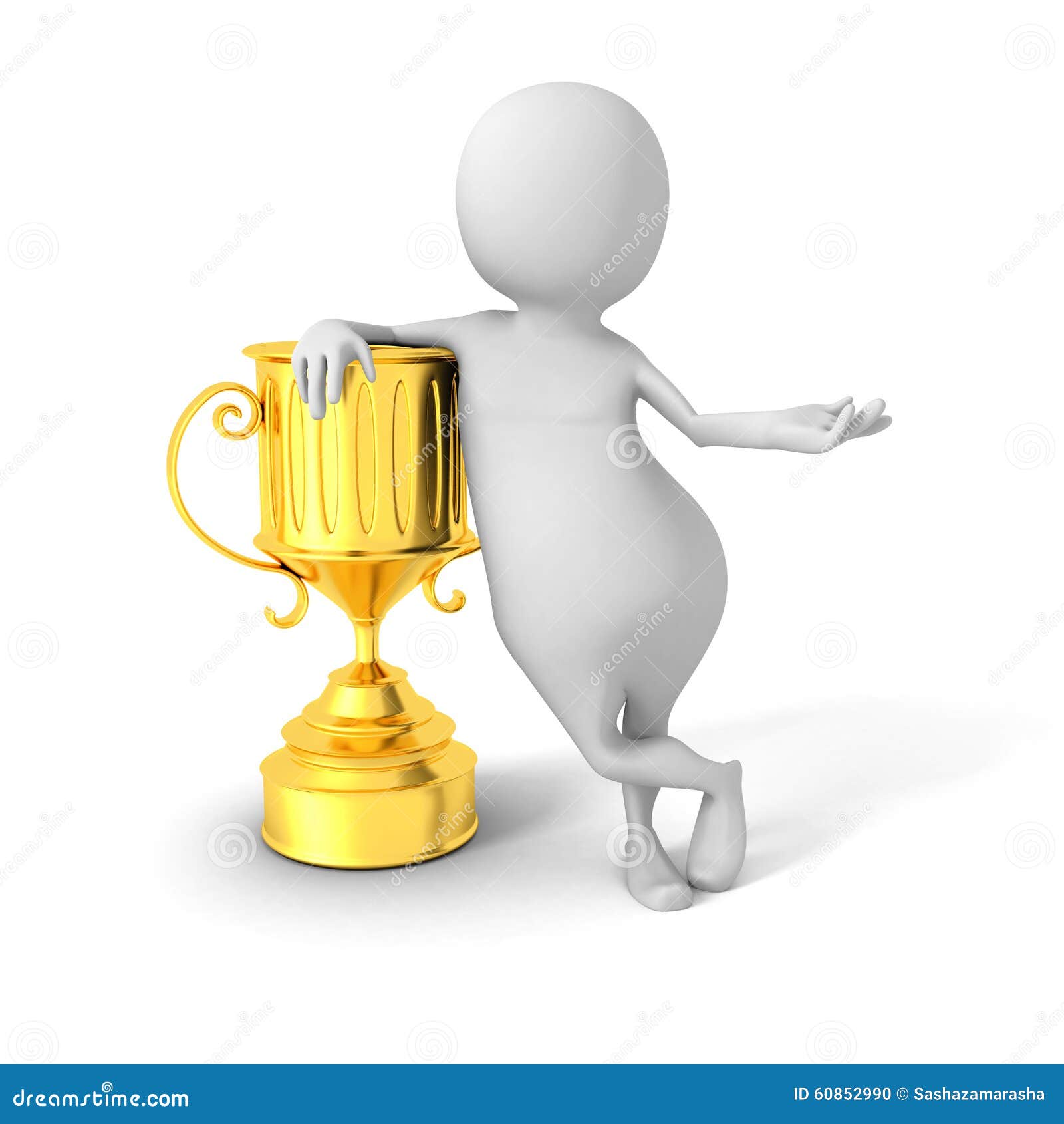 White 3d Winner Man Wirh Golden Trophy Stock Illustration