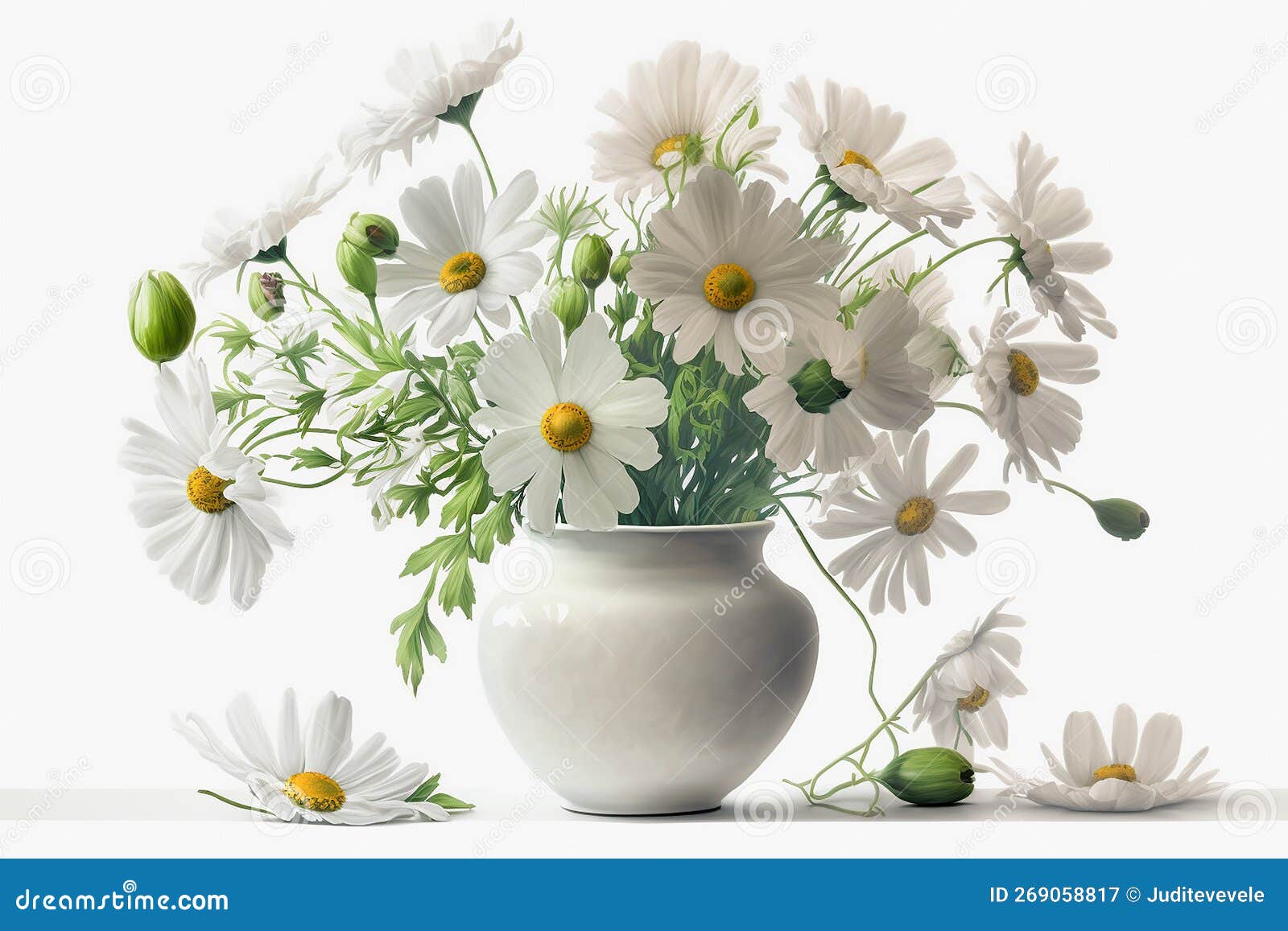 White Daisies in White Vase on White Background. Easter, Spring Concept