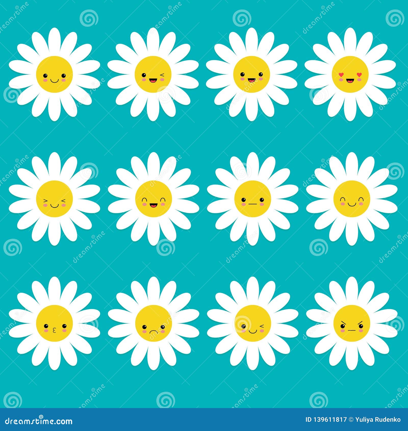 White Daisy Chamomile Icon Emoji Set Set Funny Kawaii Cartoon Characters Emotion Collection Stock Vector Illustration Of Growth Camomile 139611817