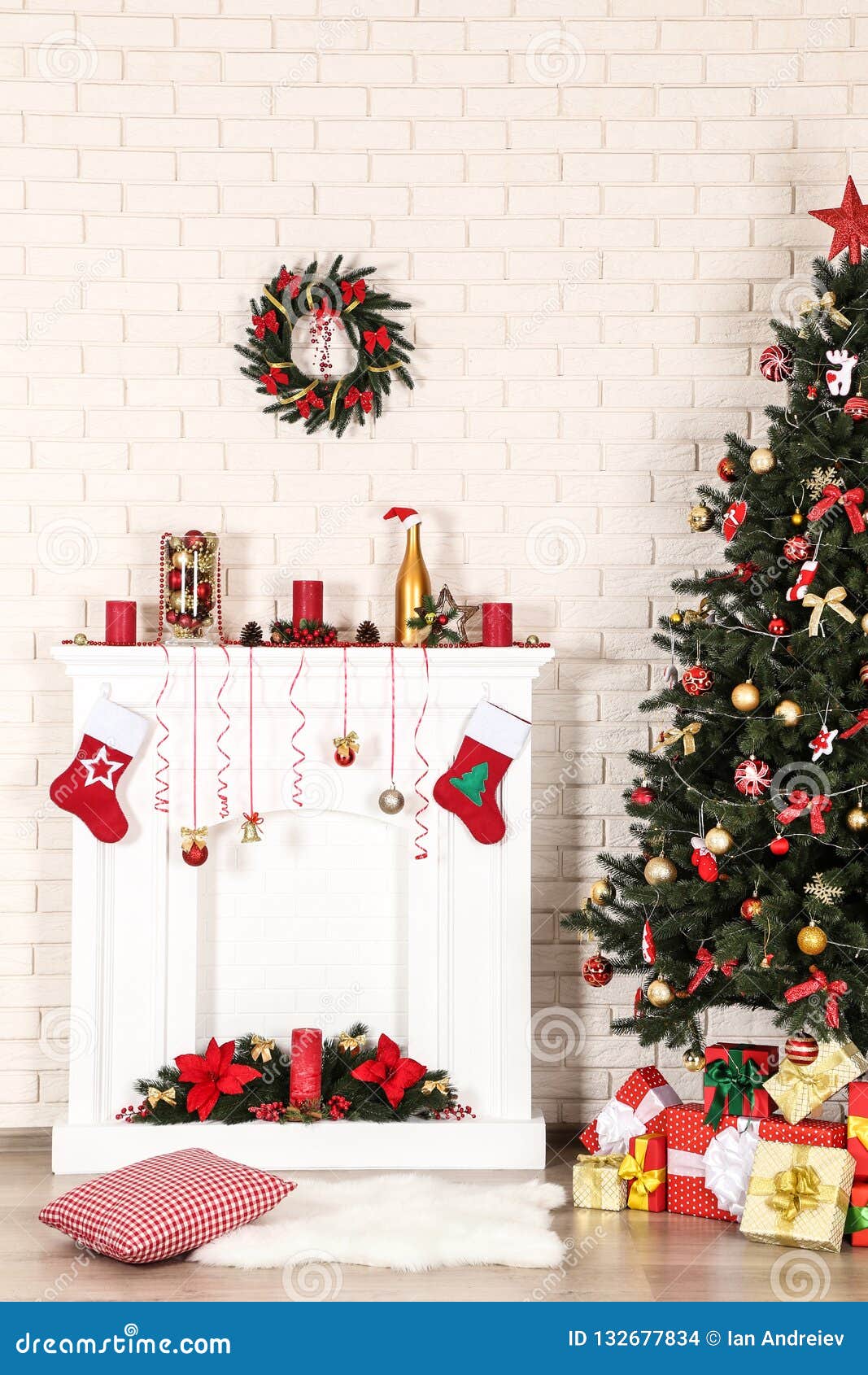 Decorated Fireplace With Christmas Tree Stock Photo - Image of december, colorful: 132677834
