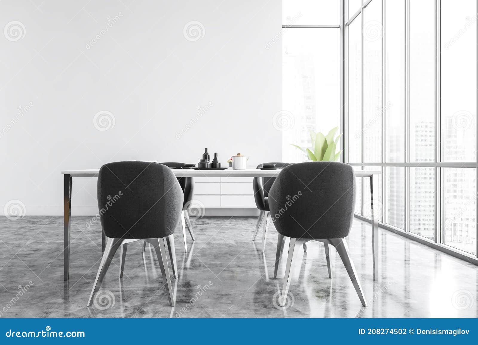 White Dining Room With Black Furniture And Commode Near Window Stock Illustration Illustration Of Design Four 208274502