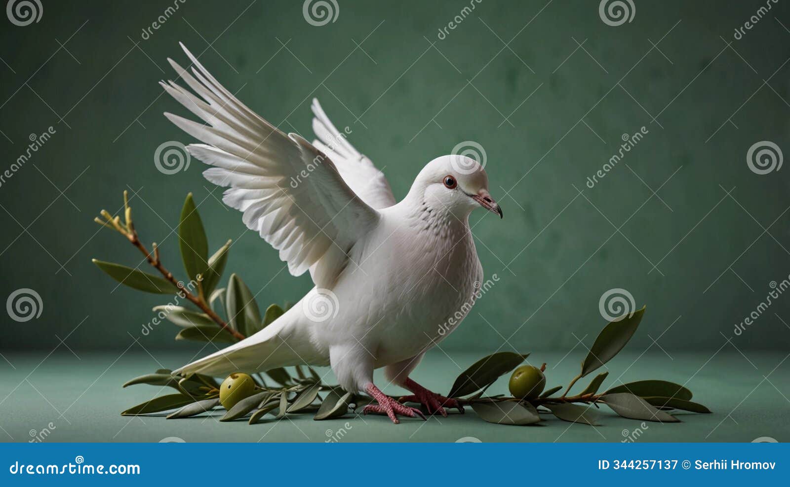 white dove with an olive branch, izing peace.  on a solid chromakey background.