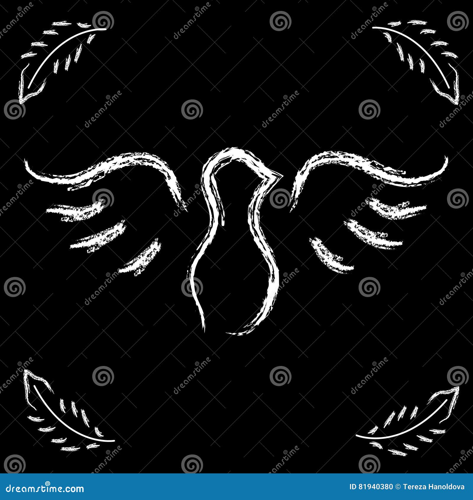 White dove silhouette on black background with feathers silhouette. Vector illustration.