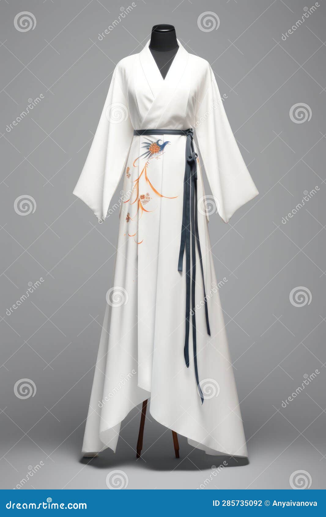 A White Dress with a Blue Sash on a Mannequin. Stock Photo Image of