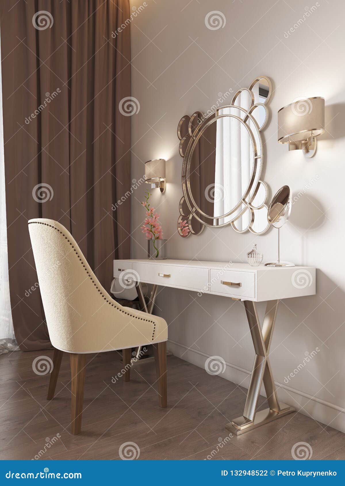 White Dressing Table With Decor Mirror And Sconces On The