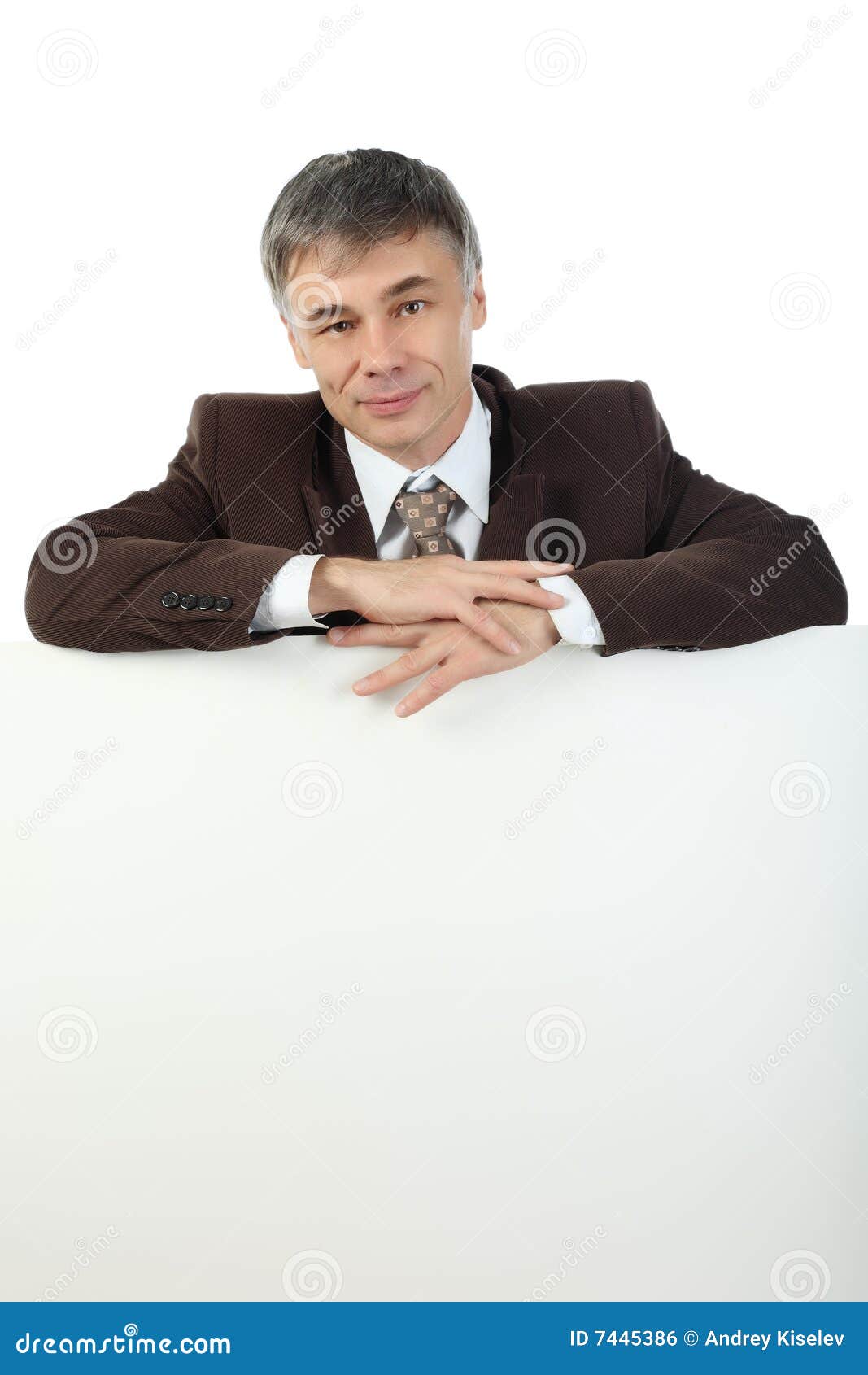 Business background: handsome businessman with white dysplay