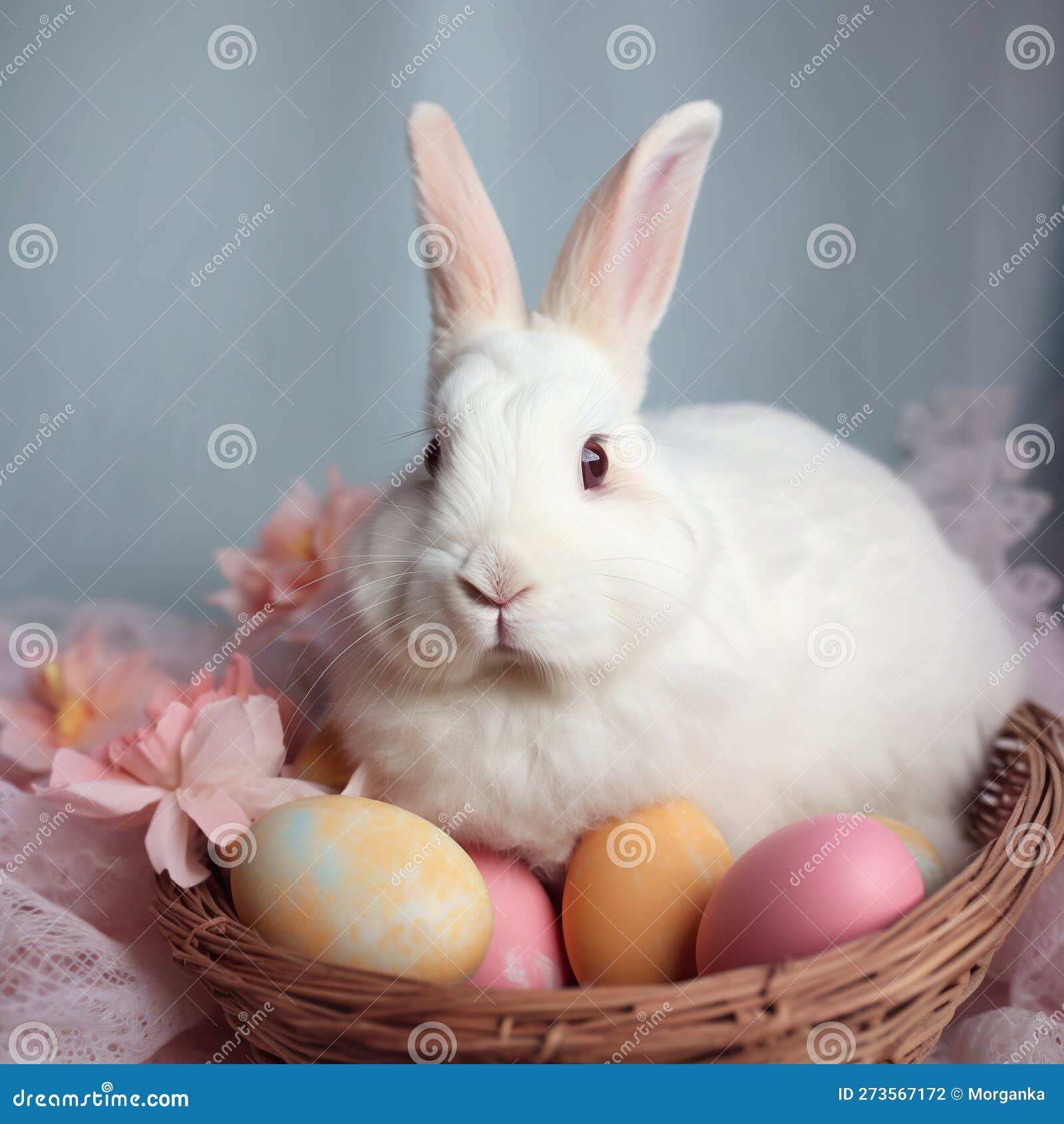 White Easter Bunny in the Basket with Eggs Stock Illustration