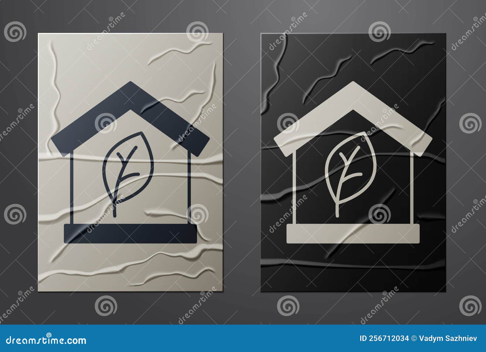 white eco friendly house icon  on crumpled paper background. eco house with leaf. paper art style. 