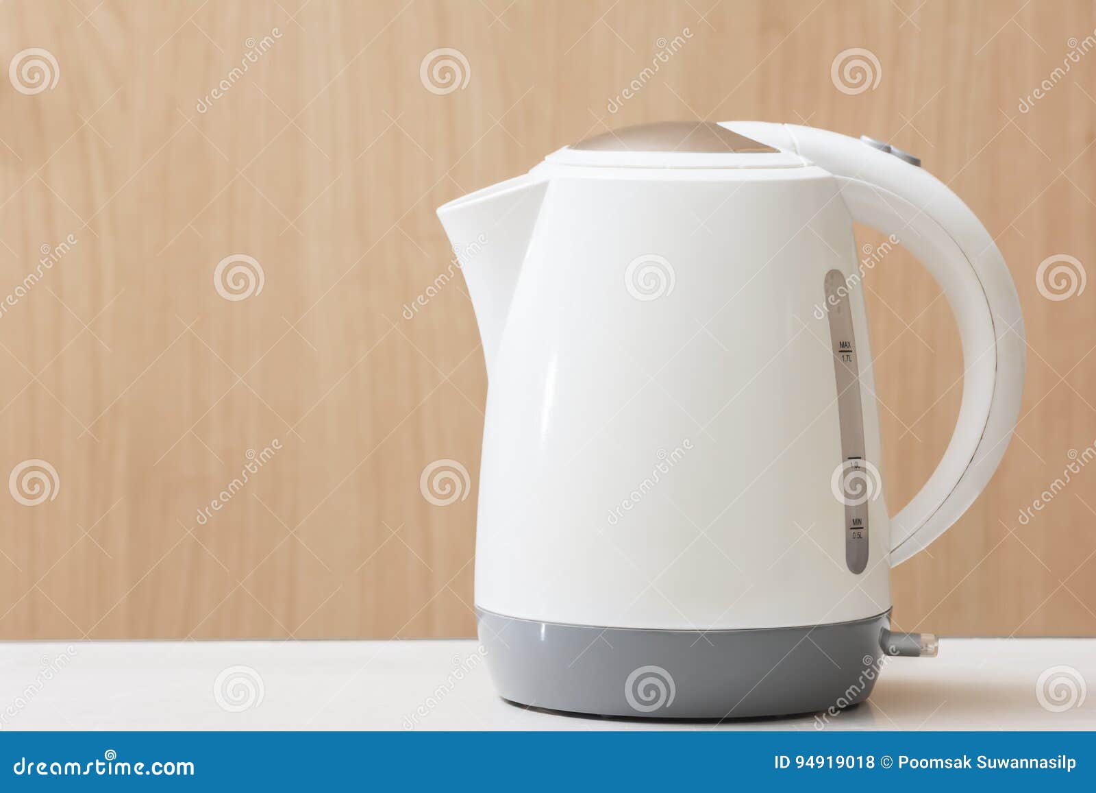 White Electric Kettle Quick Boil on Table and Wooden Background. Stock Photo Image of coffee