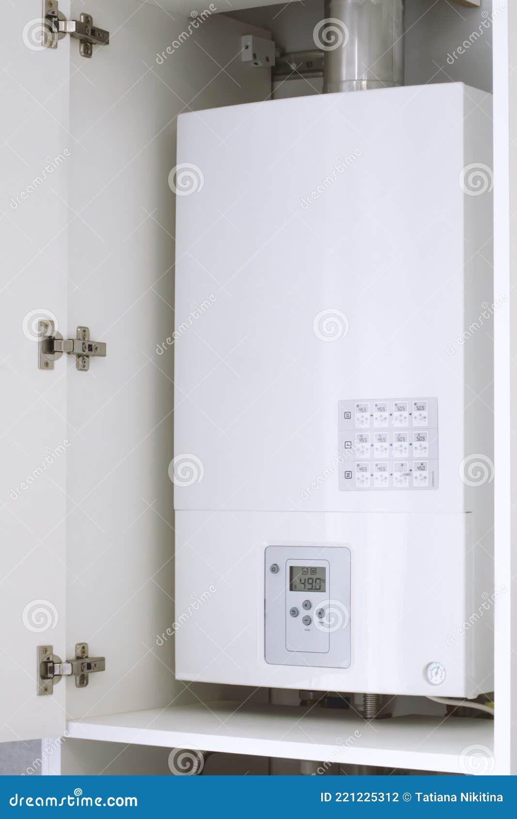 White Electric Water Heater with Electronic Panel Mounted in a Kitchen