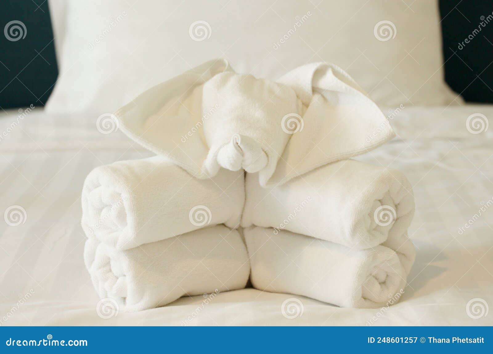 White Elephant Towels Decoration on Bed in the Hotel Stock Image