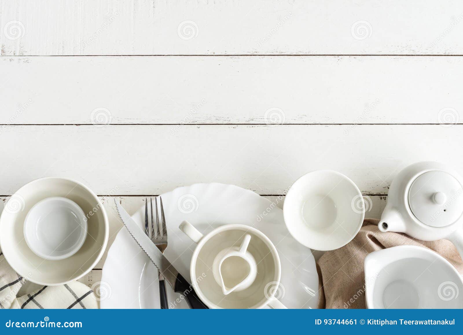 White Empty Dishes on Wooden Table with Copy Space Stock Image - Image ...