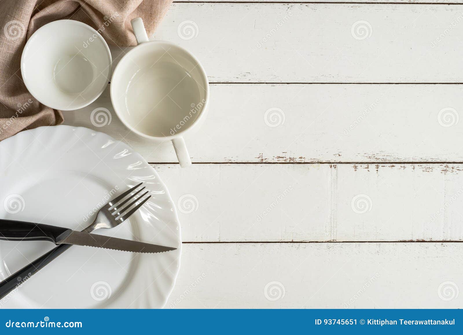 White Empty Dishes on Wooden Table with Copy Space Stock Image - Image ...