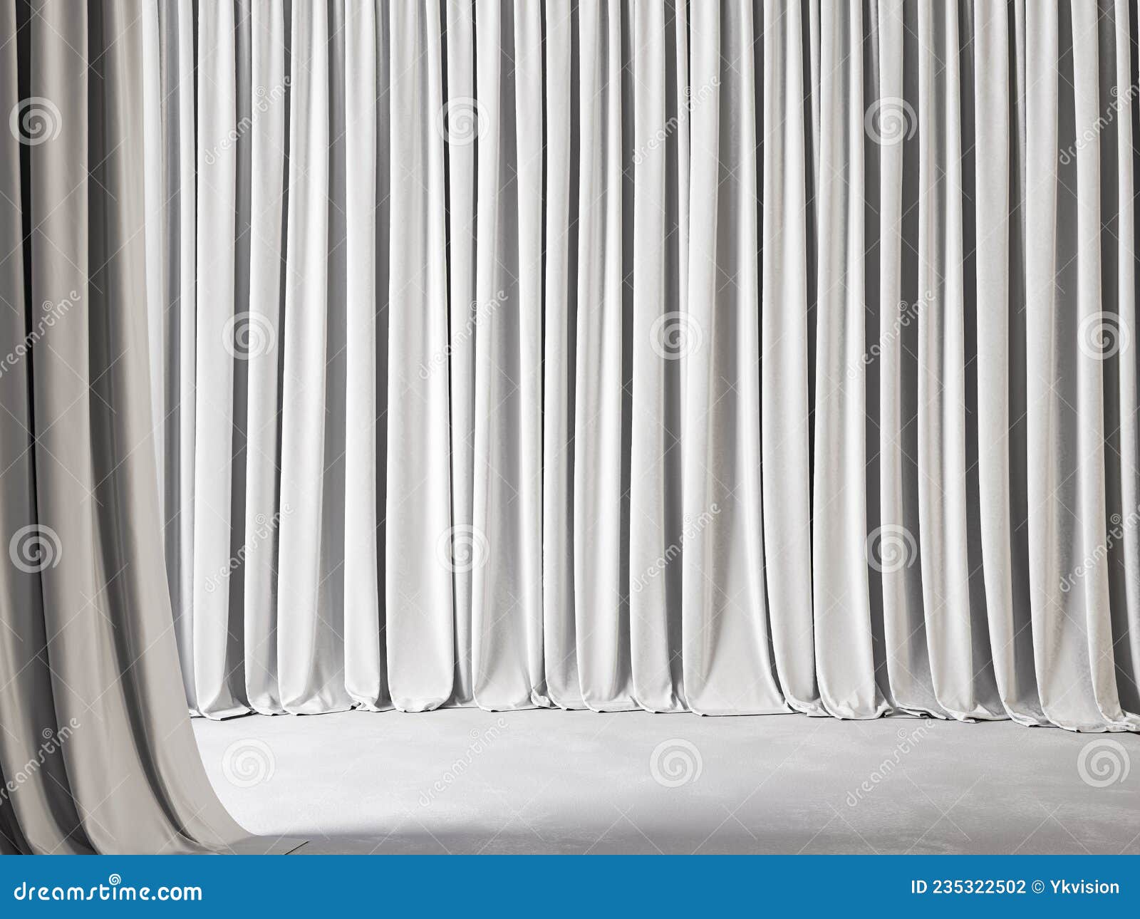white empty interior with draping curtains and carpet.