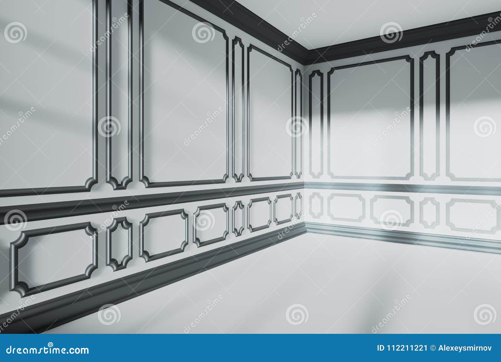White Empty Room Corner With Black Classic Decor On Walls Stock