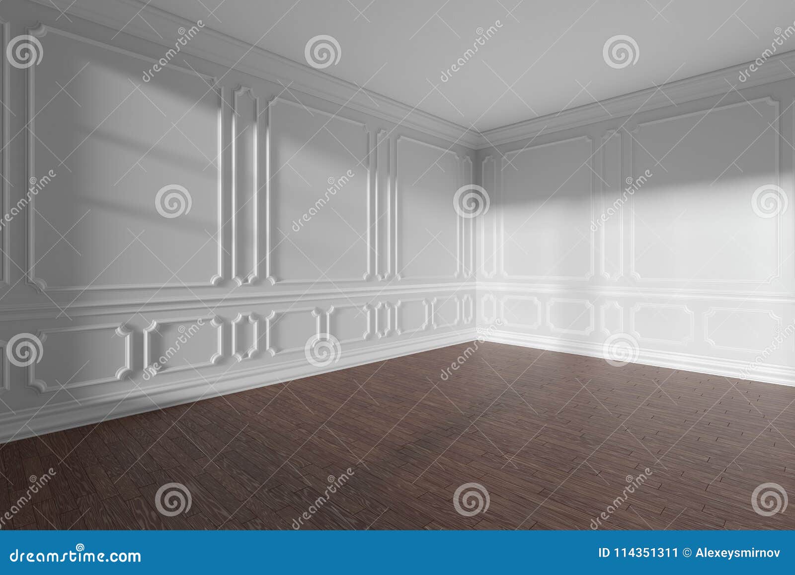 White Empty Room With Molding And Dark Parquet Wide Angle Stock