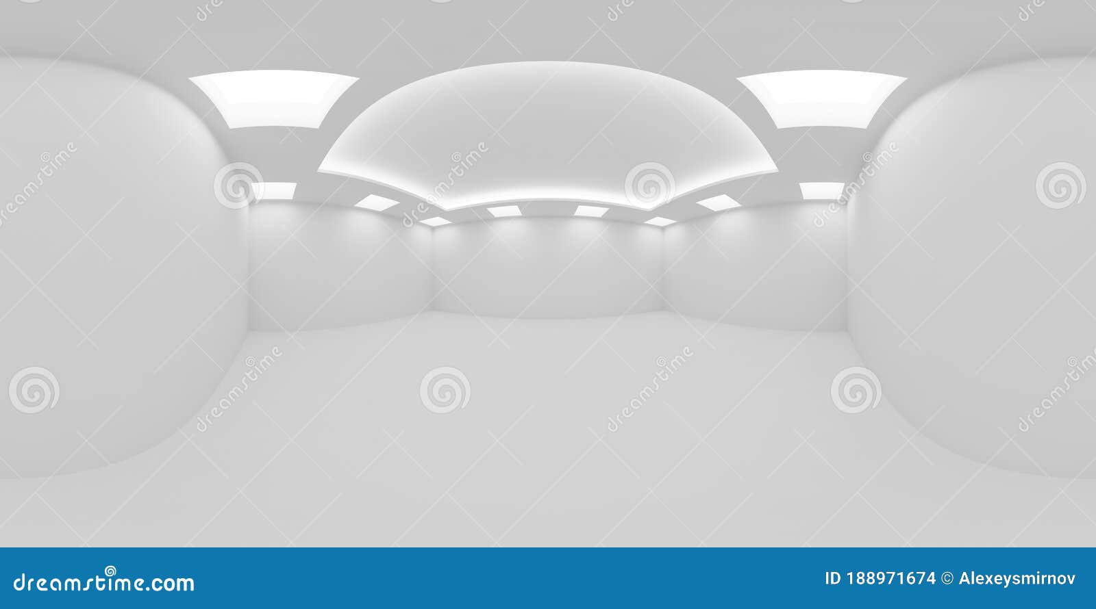 White empty room with square embedded ceiling lamps HDRI map. HDRI environment map of white empty room with white wall, floor and ceiling with square embedded ceiling lamps and hidden ceiling lights, 360 degrees spherical panorama background, 3d illustration