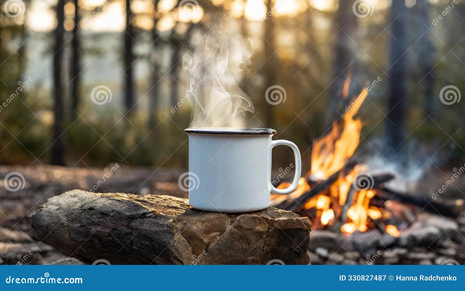 white enamel mug mockup with campfire and forest behind, adventure scene. empty mug mock up for  promotion