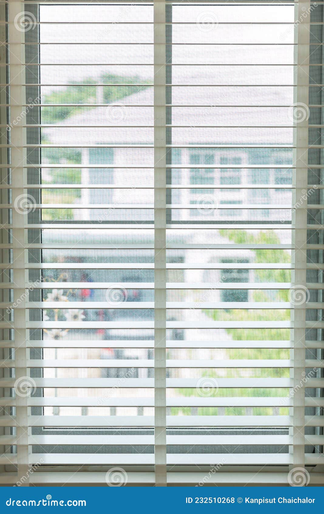 White Fabric Roller Blinds on the Plastic Window with Wood Texture ...