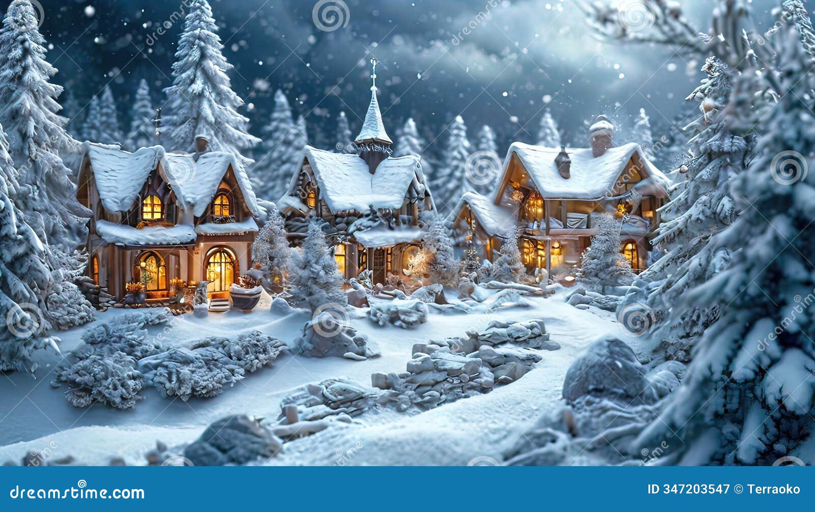 white fairy-tale micro-village, christmas attributes, soft white snow and forestt