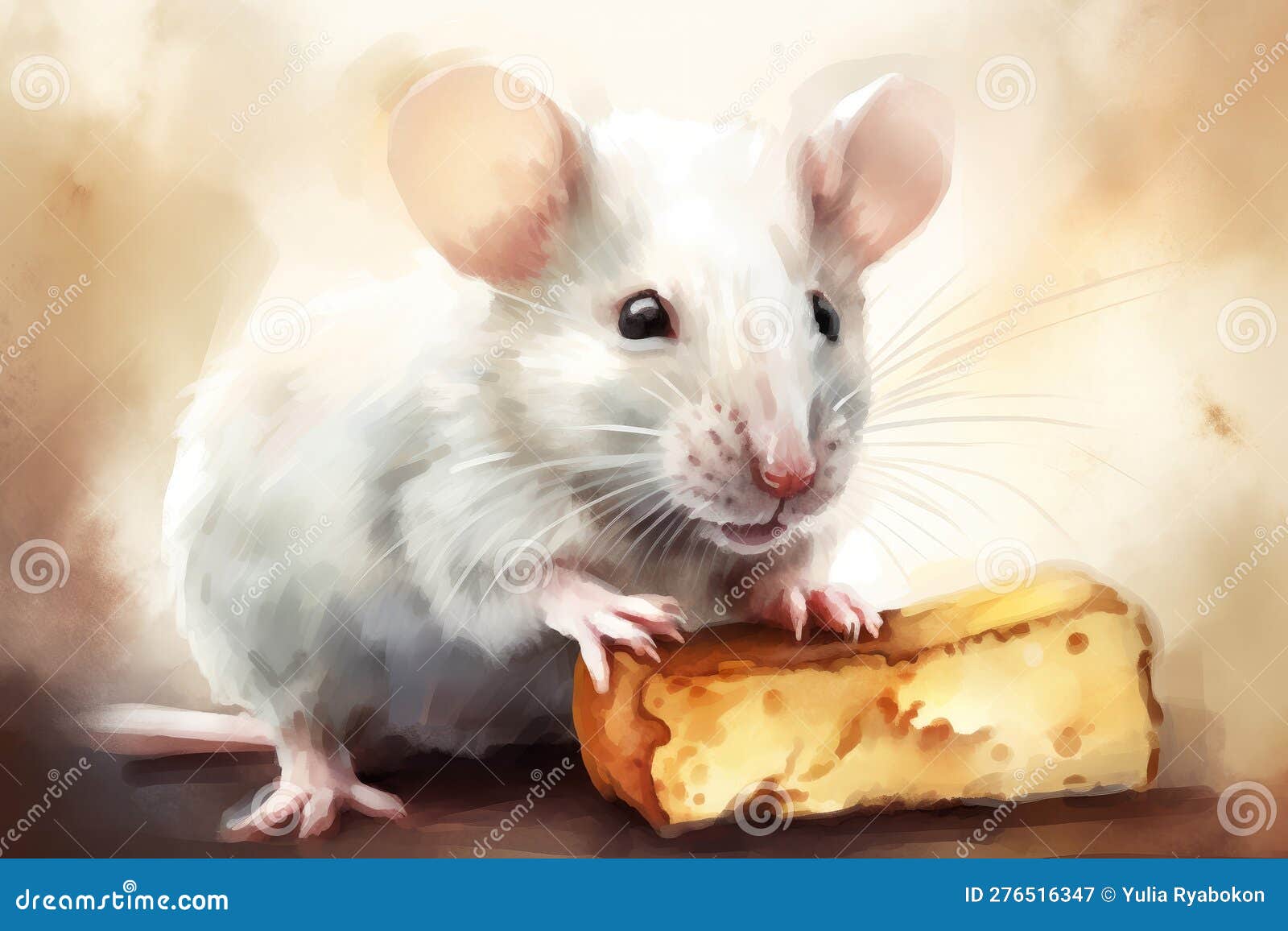 White Fat Mouse Eating Cheese. Generate Ai Stock Illustration
