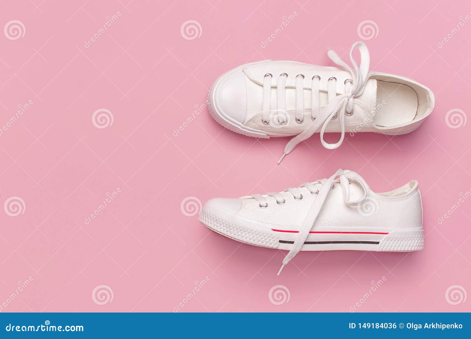White Female Fashion Sneakers on Pink Background. Flat Lay, Top View ...