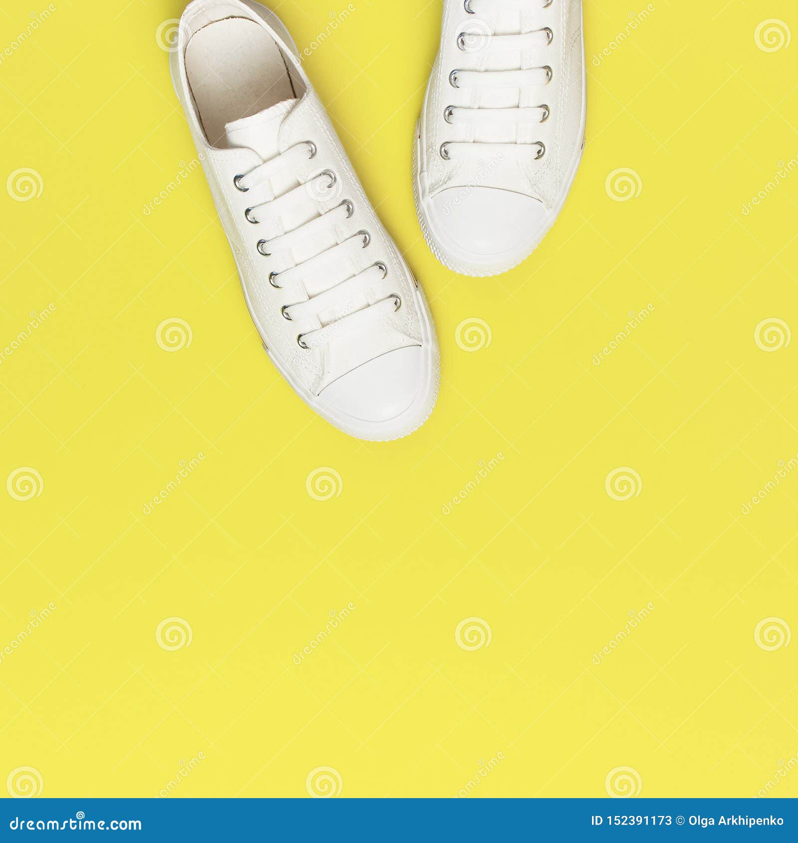 White Female Fashion Sneakers on Yellow Background. Flat Lay Top View ...