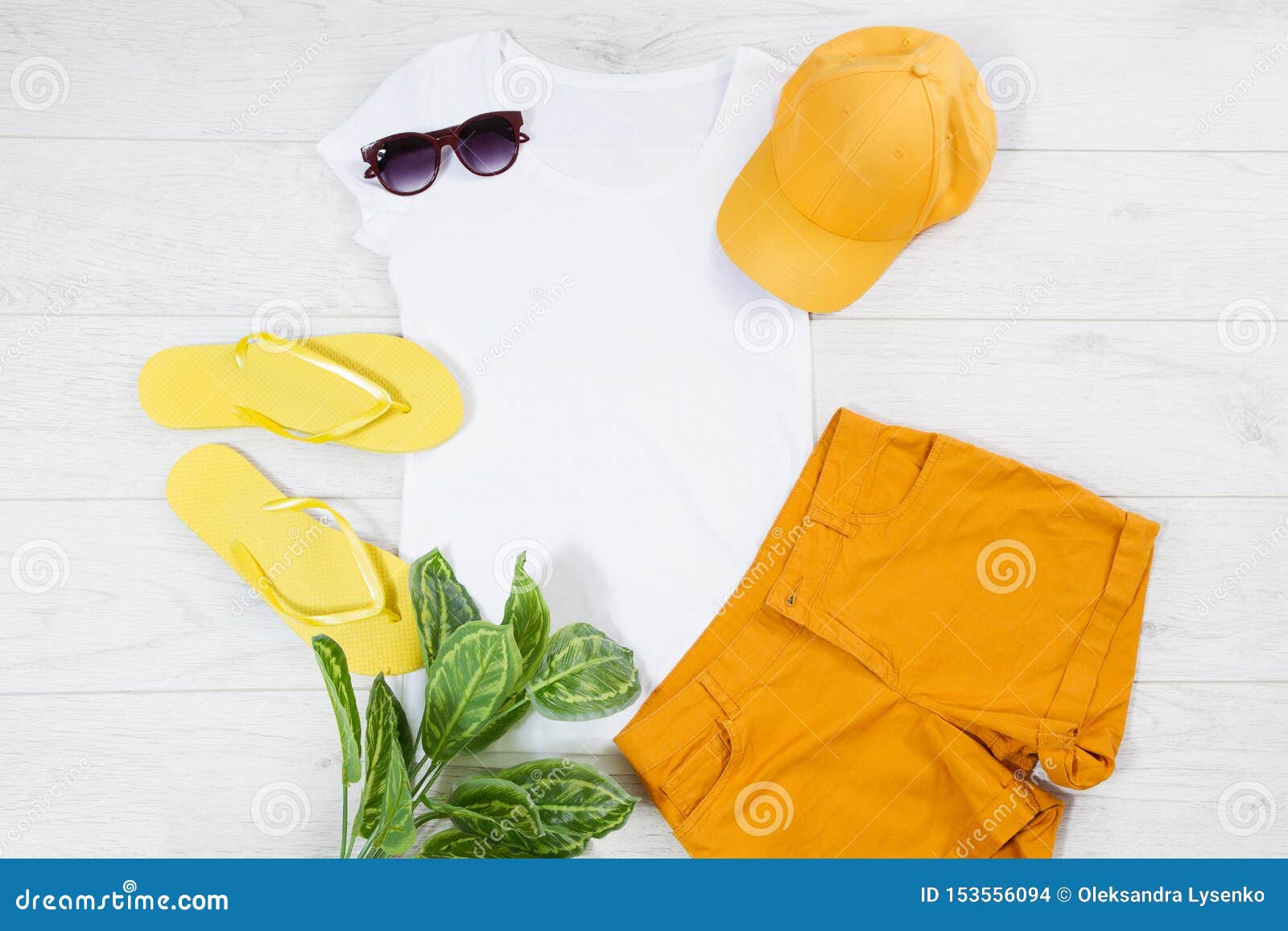 Download White Female T Shirt Flip Flops Mock Up Flat Lay On Wooden ...