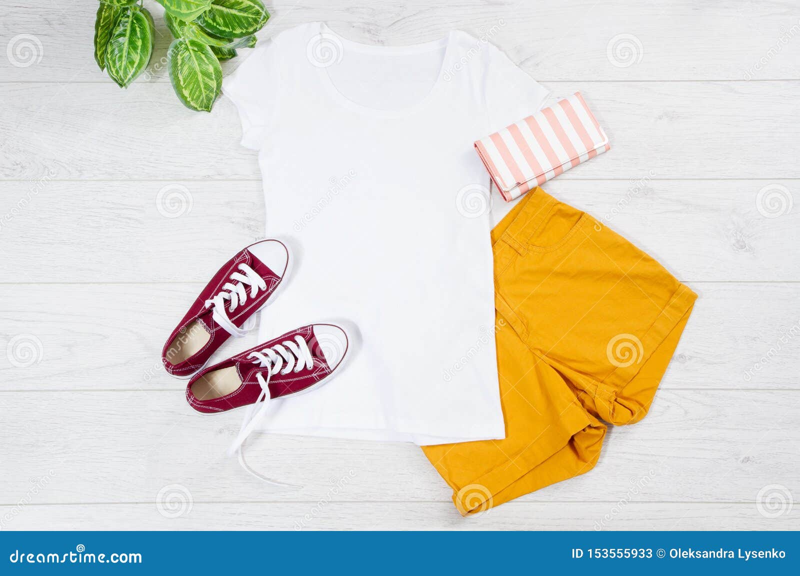 White Female T Shirt Mock Up Flat Lay on Wooden Background. Top Front ...