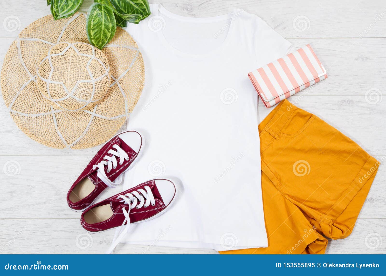 Download White Female T Shirt Mock Up Flat Lay On Wooden Background ...