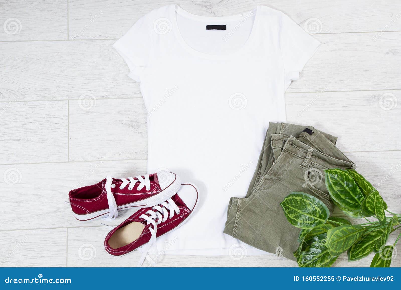 Download White Female T Shirt Mock Up On Wooden Background. Top ...