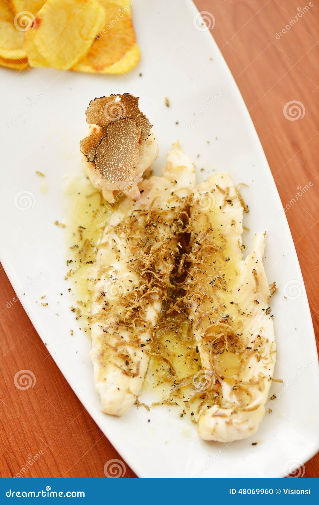 White Fish Fillet with Black Truffles Stock Photo Image of cherry