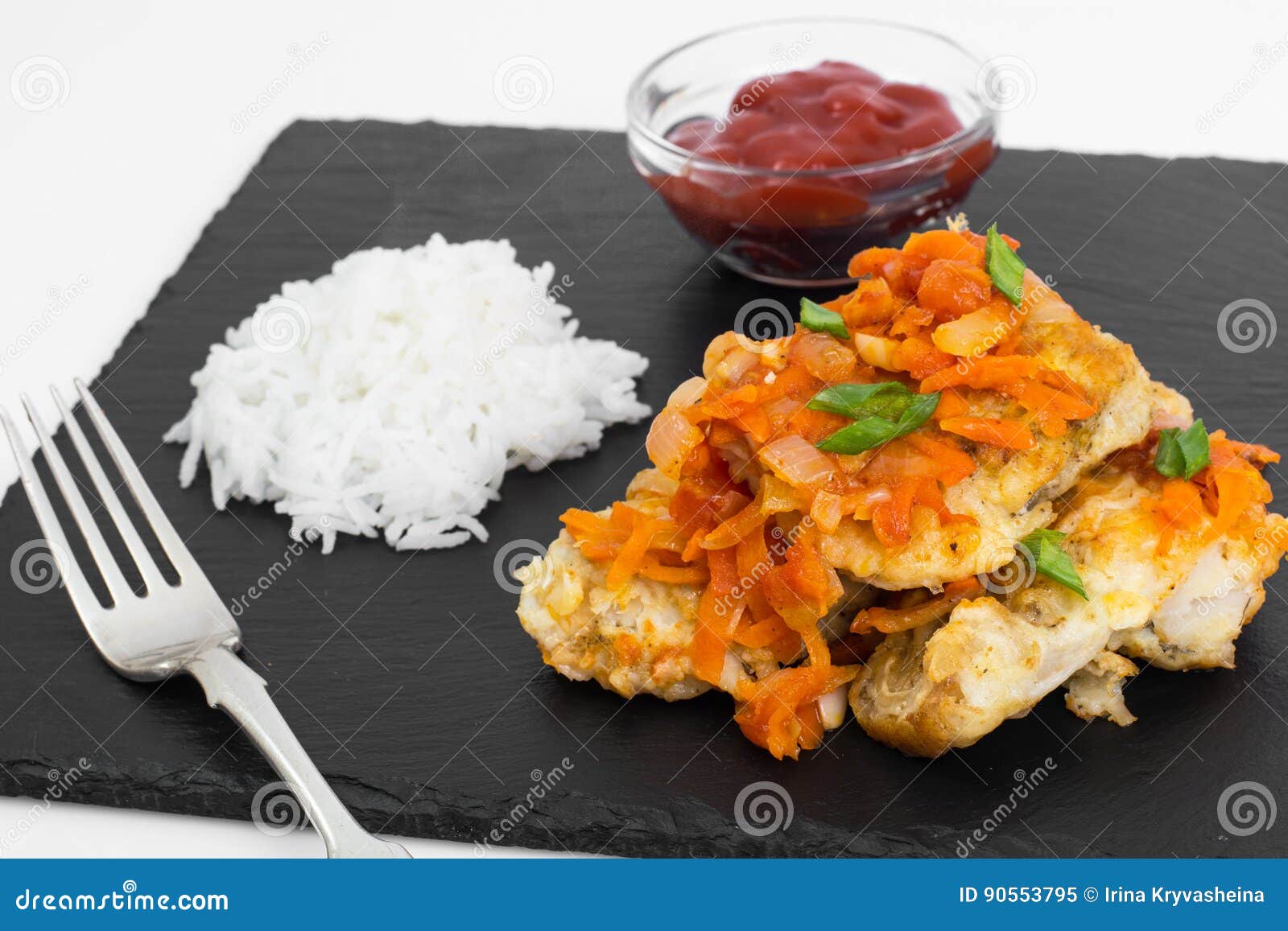 White Fish with Vegetables, Side Dish of Rice Stock Image Image of