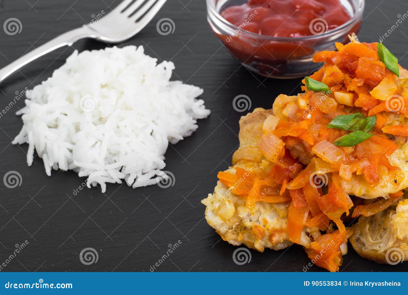 White Fish with Vegetables, Side Dish of Rice Stock Photo Image of