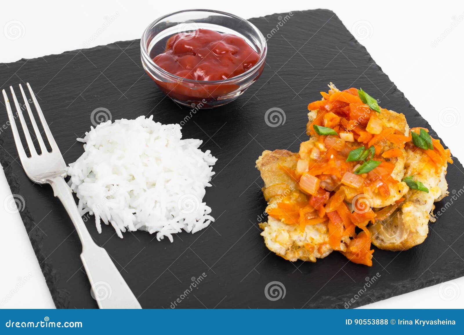 White Fish with Vegetables, Side Dish of Rice Stock Photo Image of