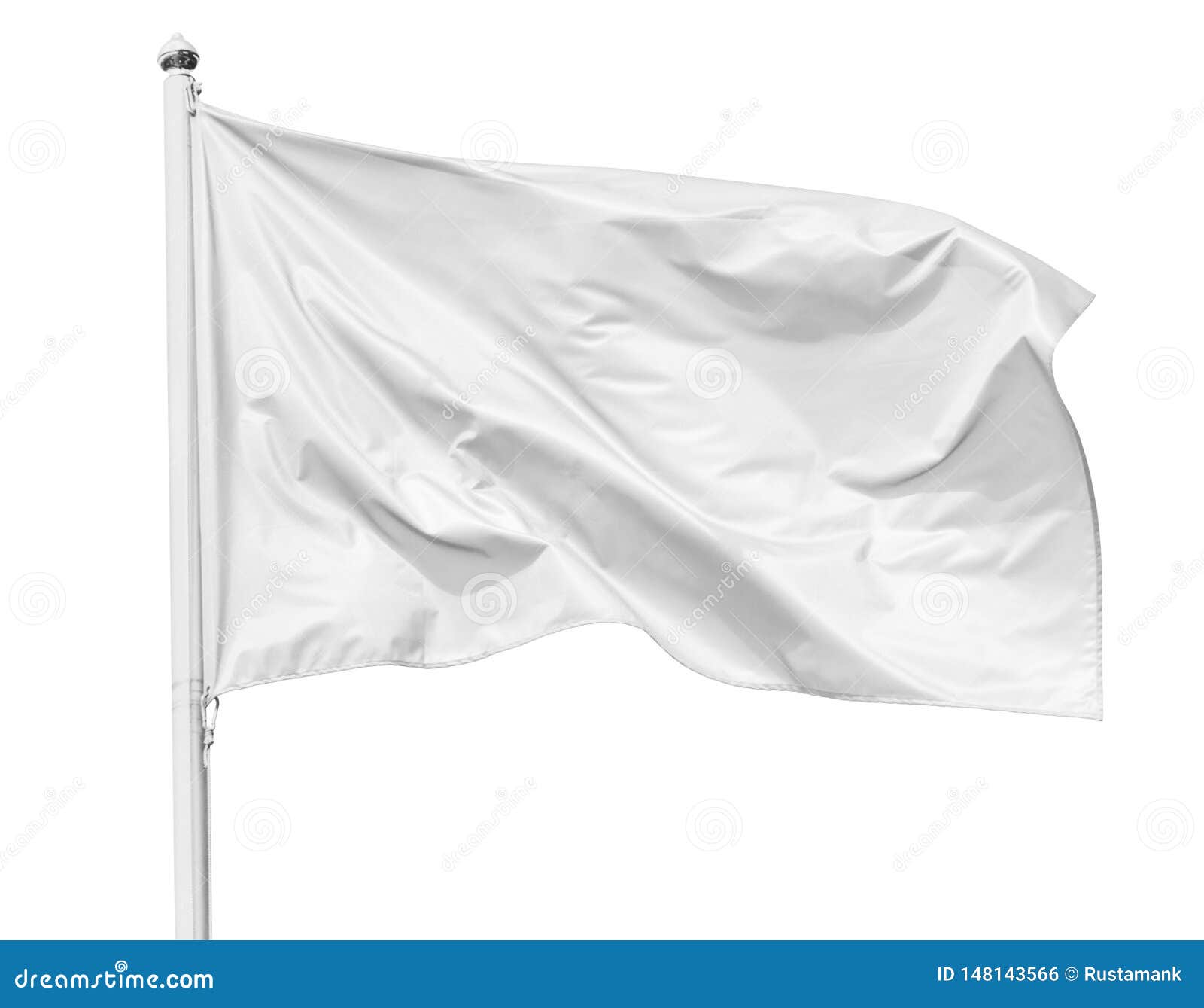 white flag waving in the wind on flagpole,  on white background