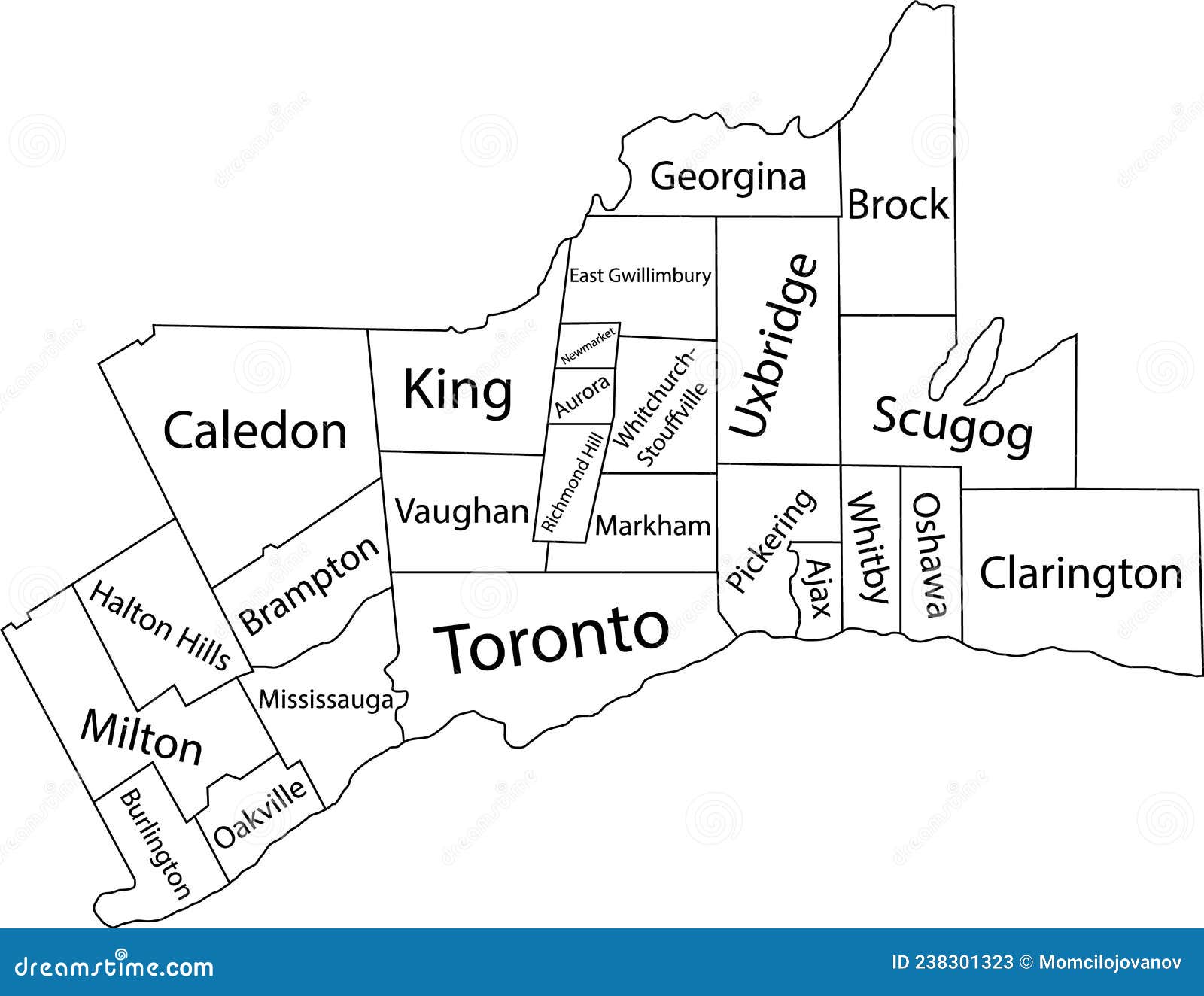 white tagged map of municipalities of greater toronto area, ontario, canada