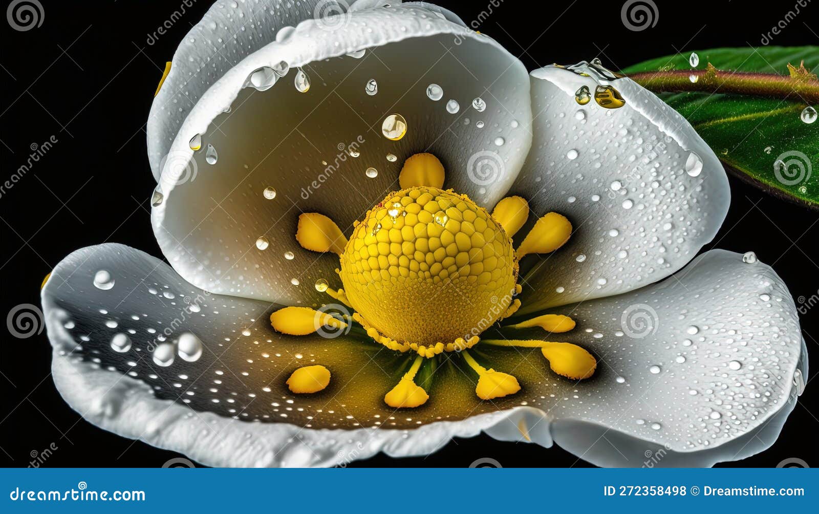 A White Flower with Yellow Stamens and Water Droplets Stock