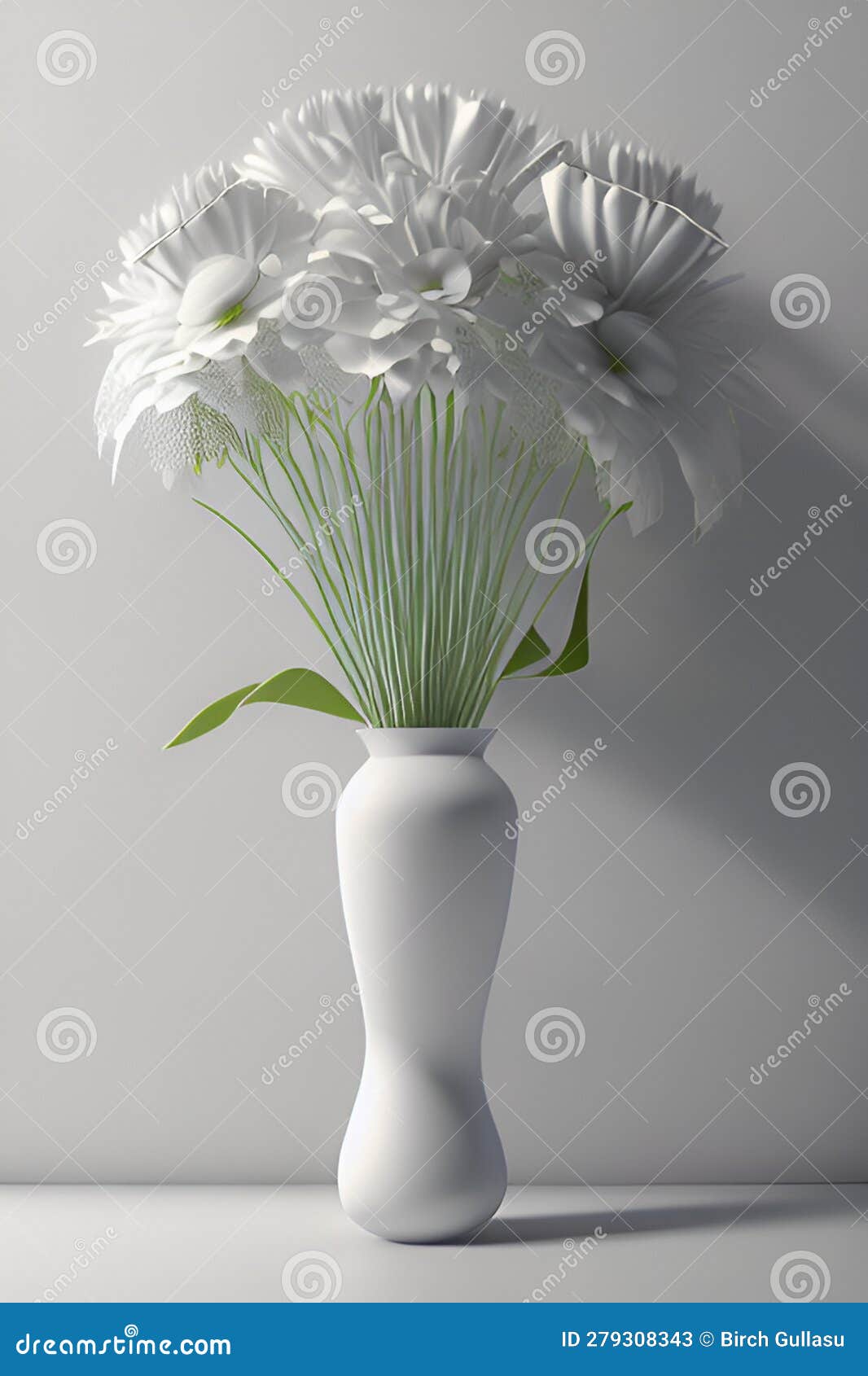 White Flowers in Vase on White Table. 3D Rendering Stock Illustration
