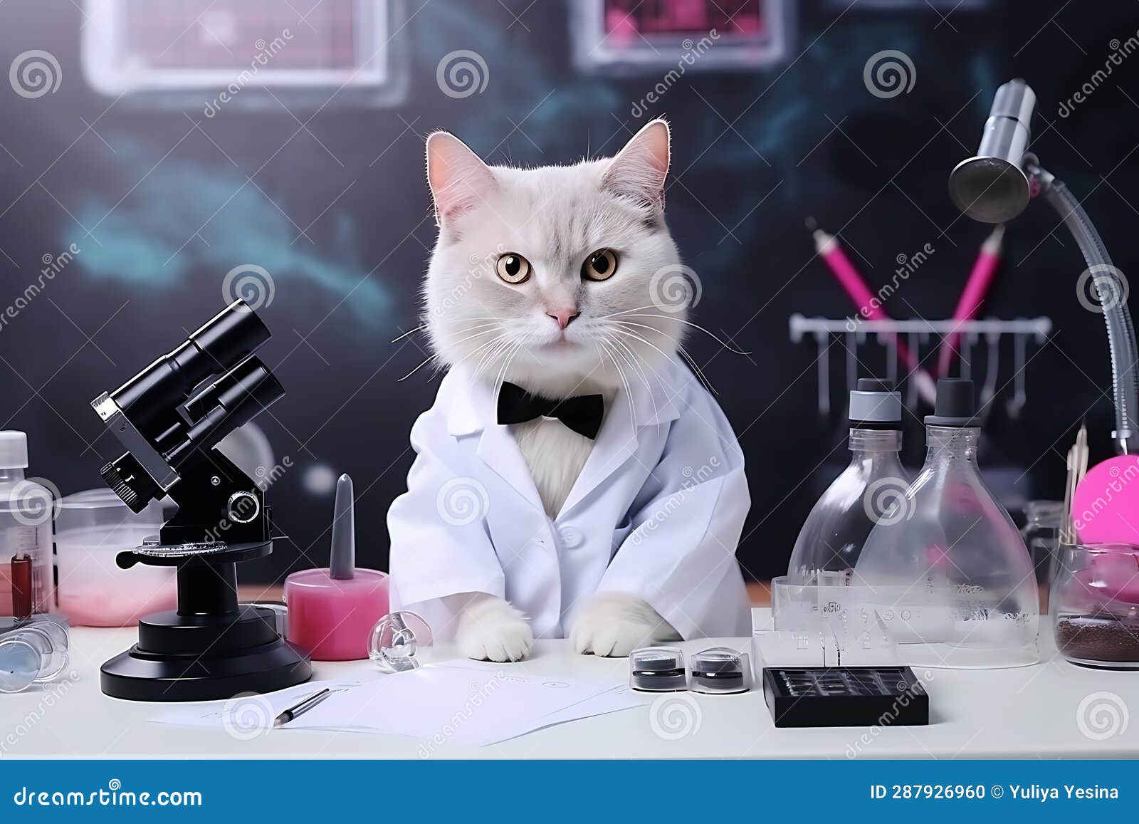 White Fluffy Cat Professor Posing in the Laboratory Near the Microscope