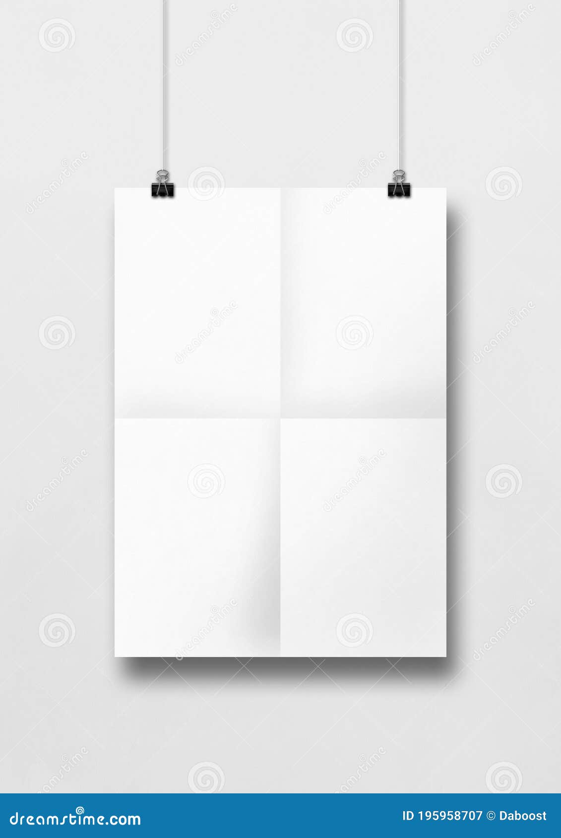 White Folded Poster Hanging on a Clean Wall with Clips Stock Image Image of frame, mock 195958707