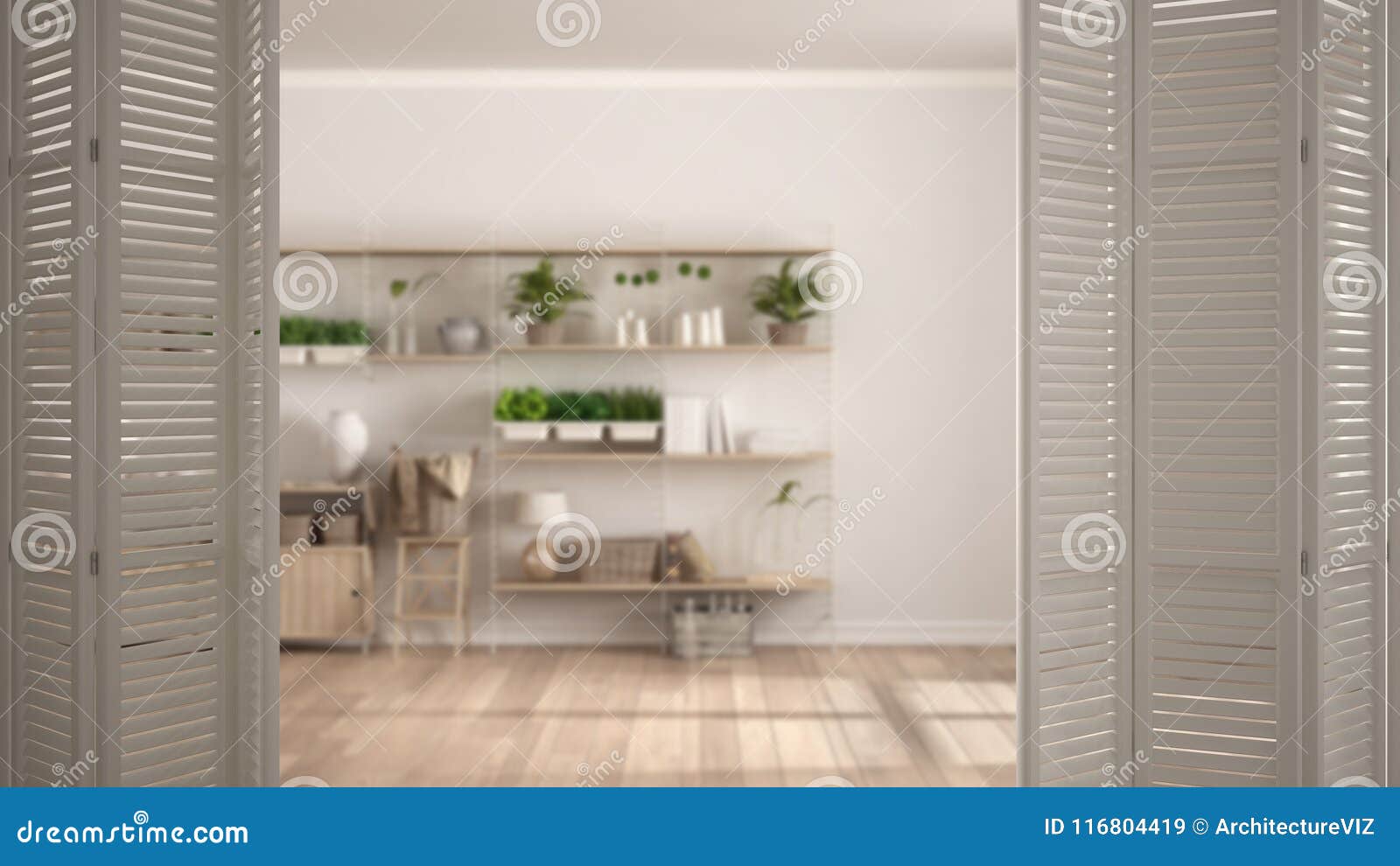 White Folding Door Opening on Modern Empty Space with Bookshelf, White
