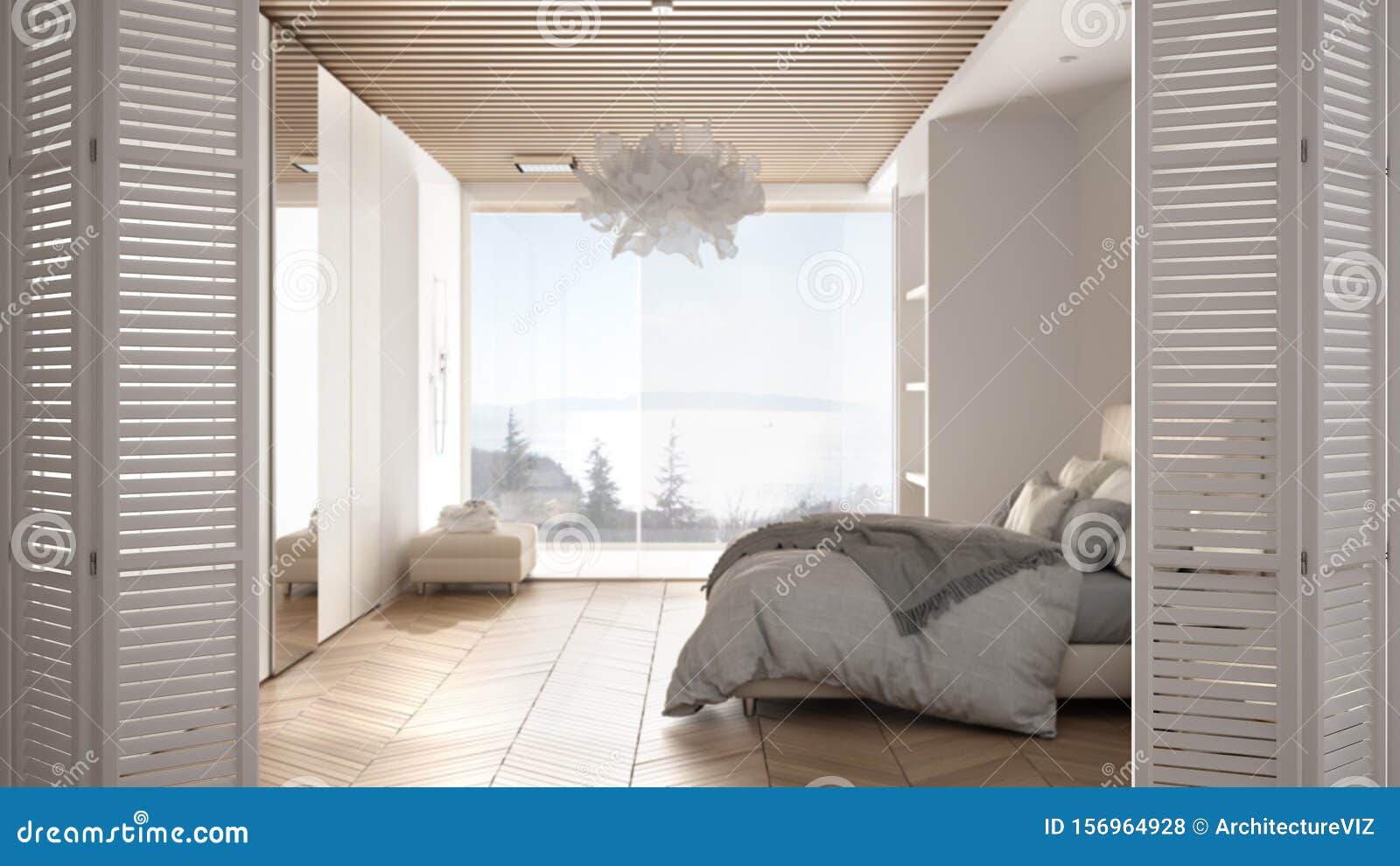 White Folding Door Opening On Modern Luxury Minimalist Bedroom With Double Bed Shower And Big Panramic Window Interior Design Stock Photo Image Of Blur Designer 156964928,Simple Low Cost Bedroom Interior Design Ideas