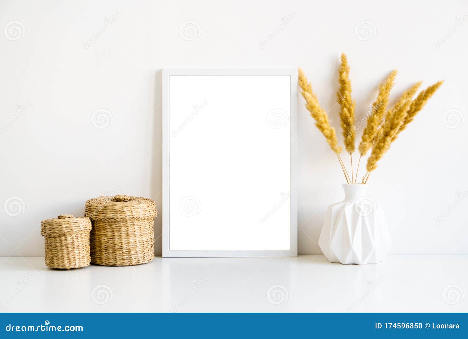 white frame and home decoration details on tabletop with wall, artwork poster mock-up