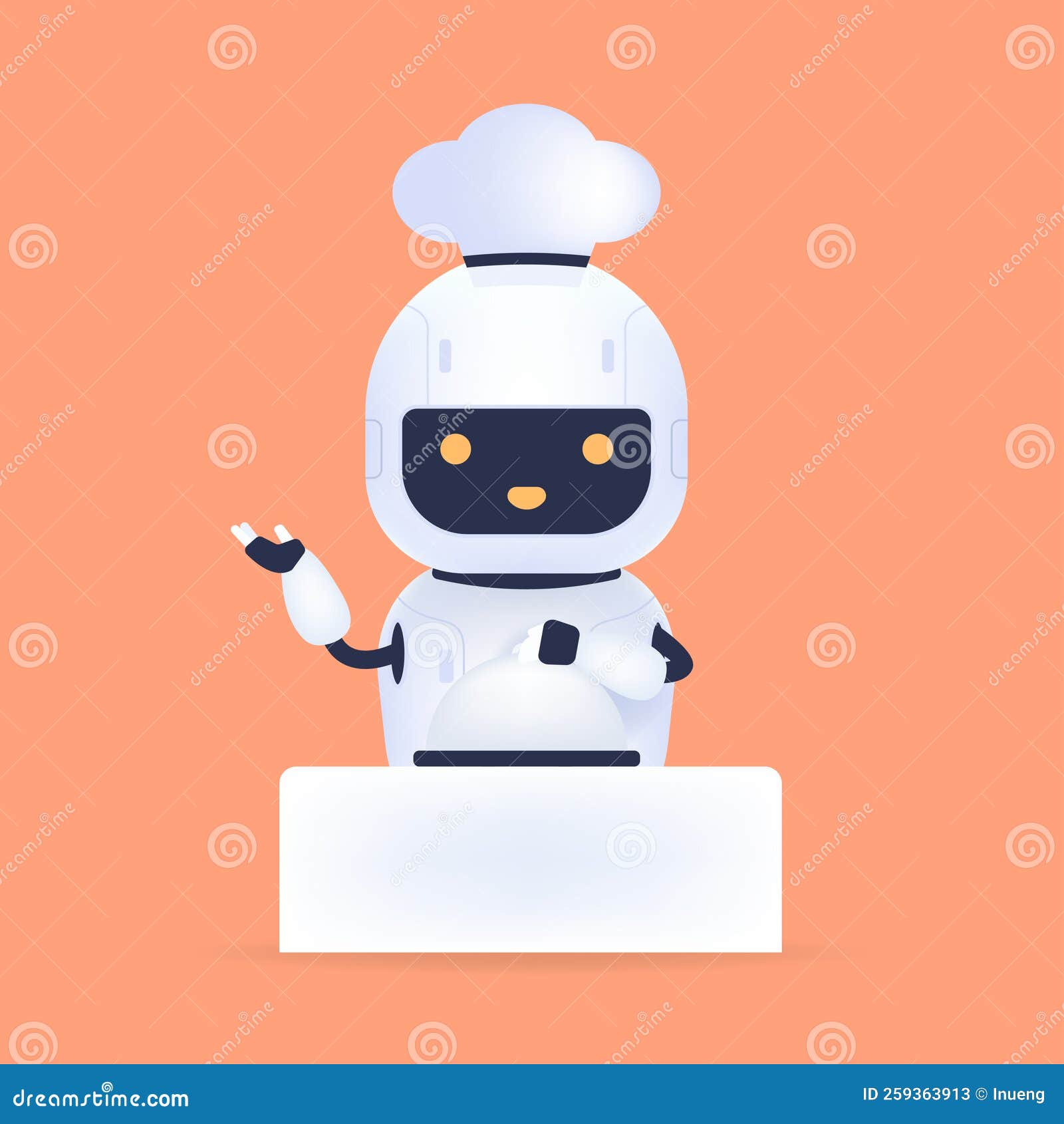White Friendly Chef Robot with Food on Table. Cooking Robot Artificial
