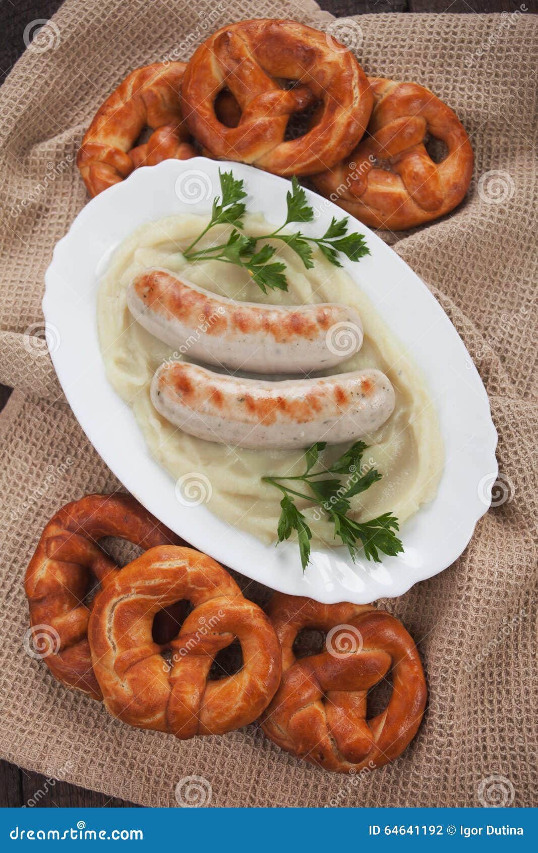 White German Sausage with Mashed Potato Stock Photo Image of